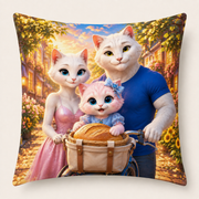 Homebound Bread Bicycle throw pillow front view with the whole cat family — The Fluffy Fam