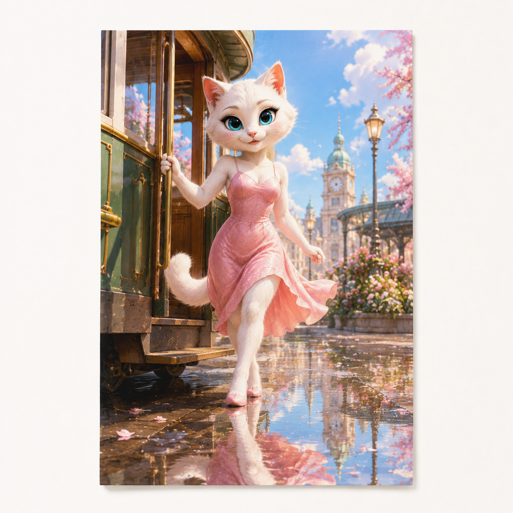 Rainy Tram Step Splash art print front view with Mom Cat — The Fluffy Fam