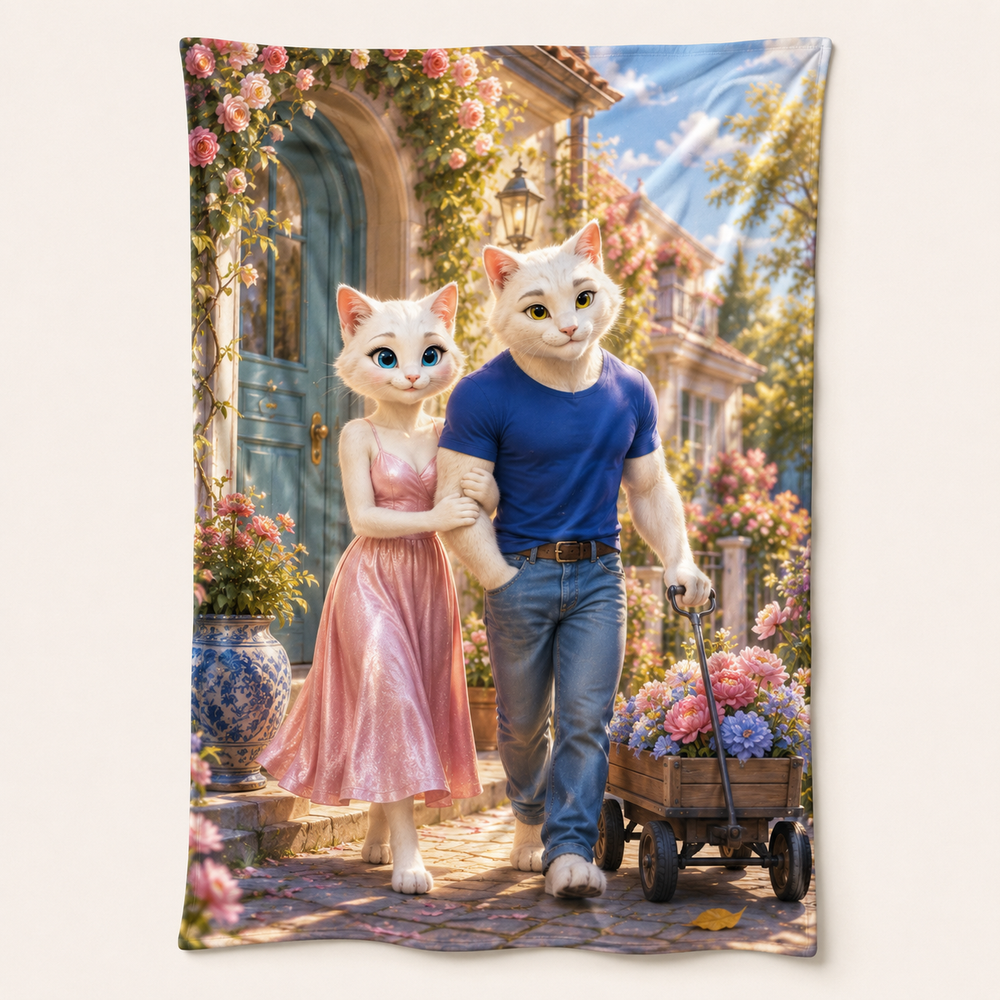 Doorstep Journey Finish fleece blanket front view with Dad Cat and Mom Cat — The Fluffy Fam