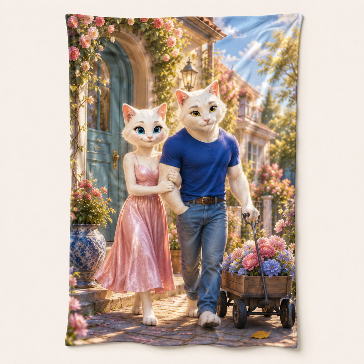 Doorstep Journey Finish fleece blanket front view with Dad Cat and Mom Cat — The Fluffy Fam