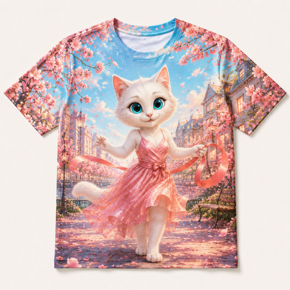 Cherry Blossom Ribbon Day all-over print T-shirt front view with Mom Cat — The Fluffy Fam