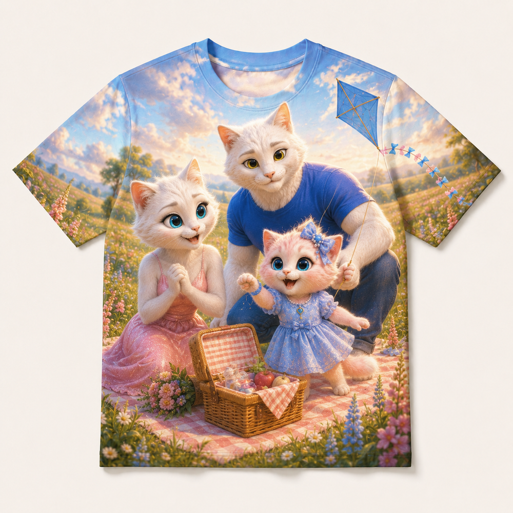 Spring Kite Picnic all-over print T-shirt front view with the whole cat family — The Fluffy Fam