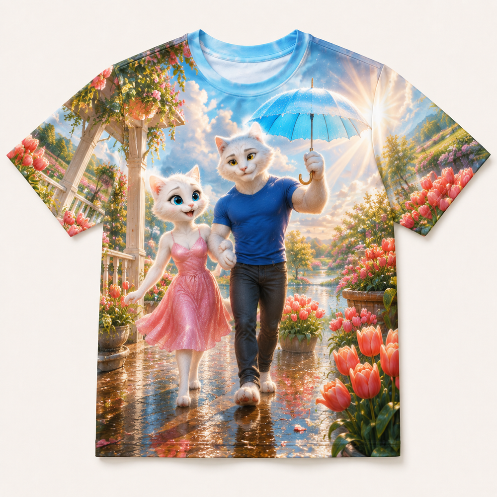 Tulip Rain Welcome all-over print T-shirt front view with Dad Cat and Mom Cat — The Fluffy Fam