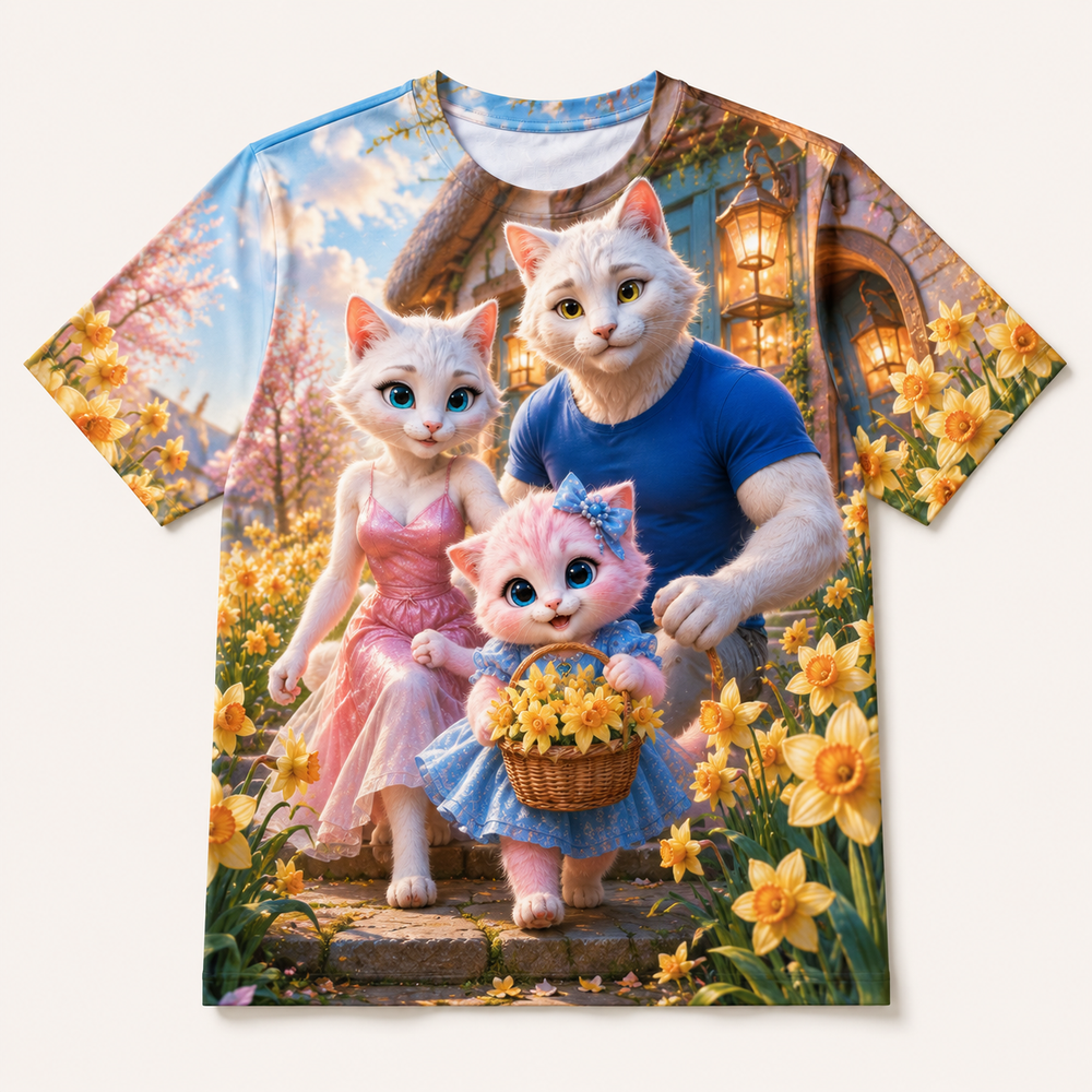 First Daffodil Basket all-over print T-shirt front view with the whole cat family — The Fluffy Fam
