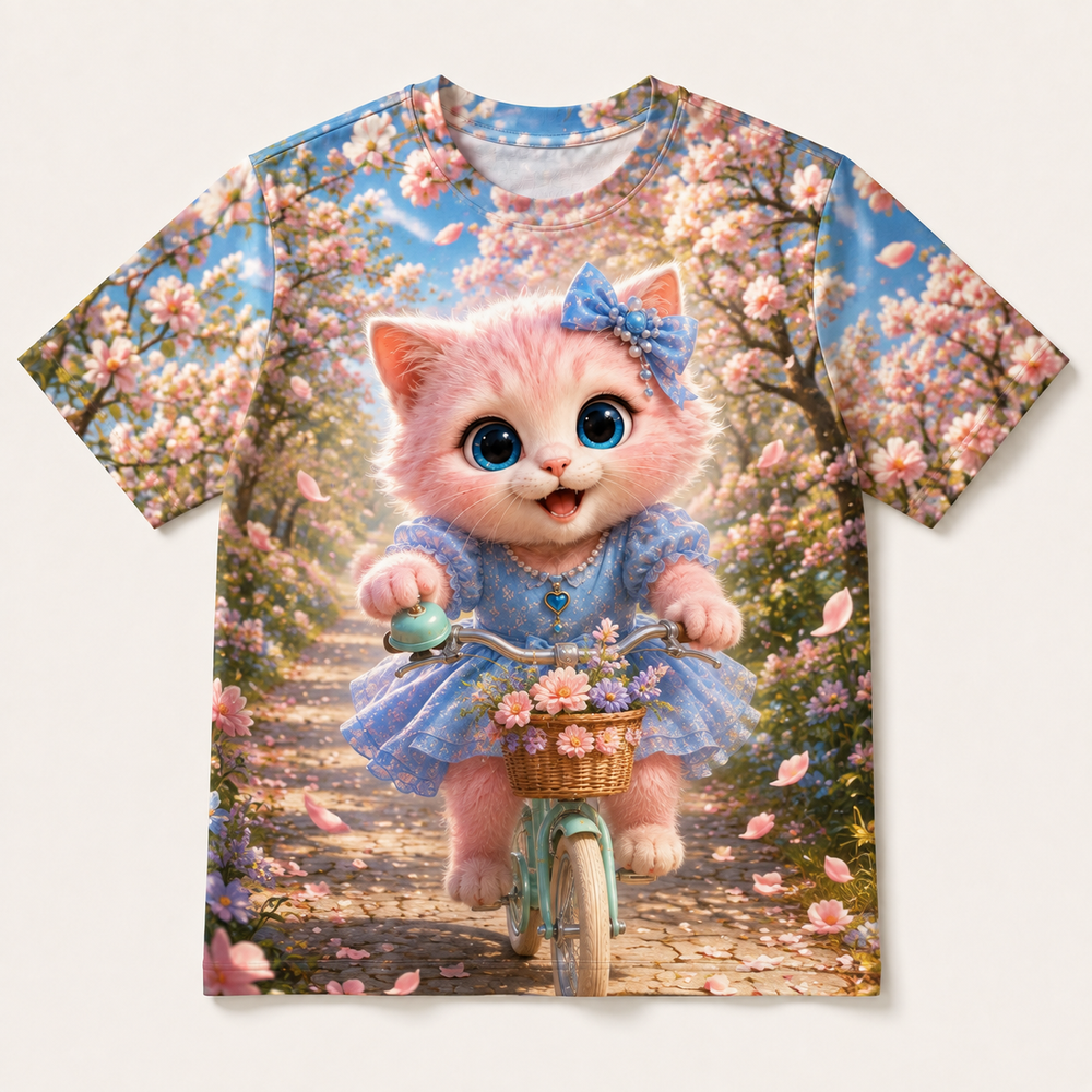 Blossom Bicycle Bell all-over print T-shirt front view with Pink Kitten — The Fluffy Fam