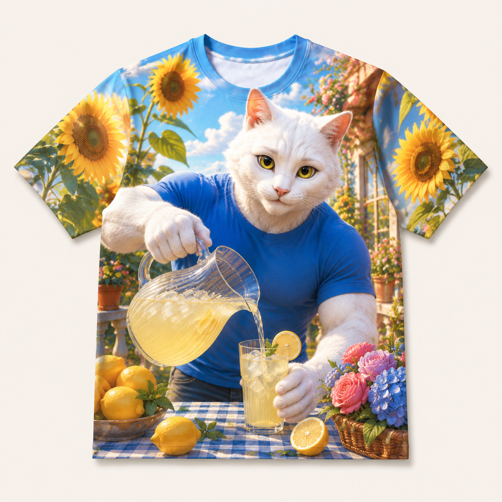Sunflower Lemonade Noon all-over print T-shirt front view with Dad Cat — The Fluffy Fam