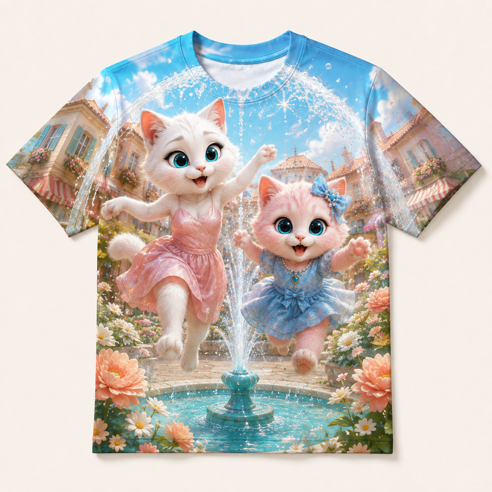 Summer Splash Fountain all-over print T-shirt front view with Mom Cat and Pink Kitten — The Fluffy Fam