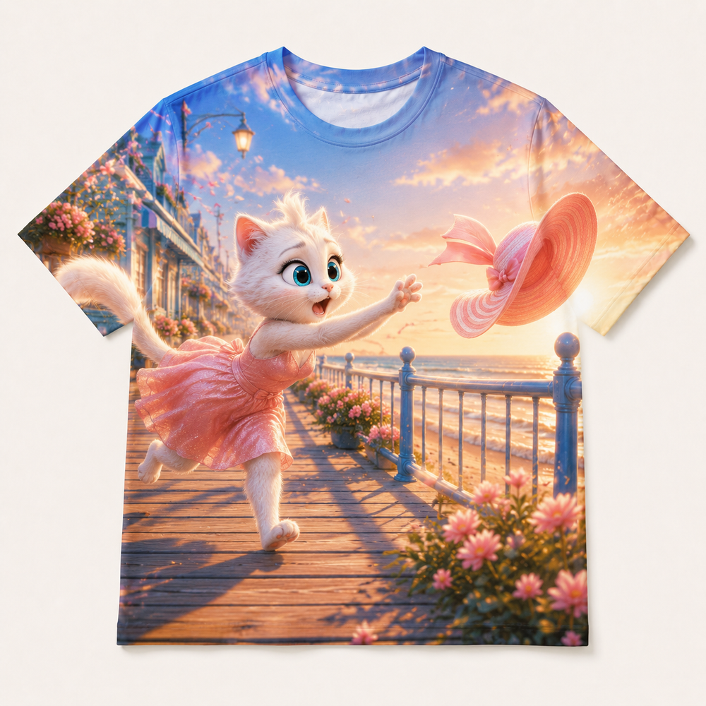 Seaside Sunhat Chase all-over print T-shirt front view with Mom Cat — The Fluffy Fam