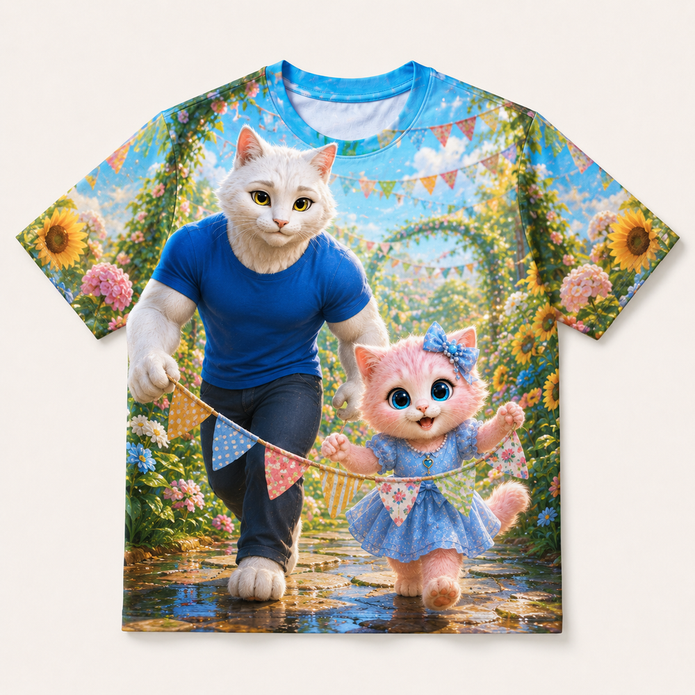 Garden Bunting Parade all-over print T-shirt front view with Dad Cat and Pink Kitten — The Fluffy Fam