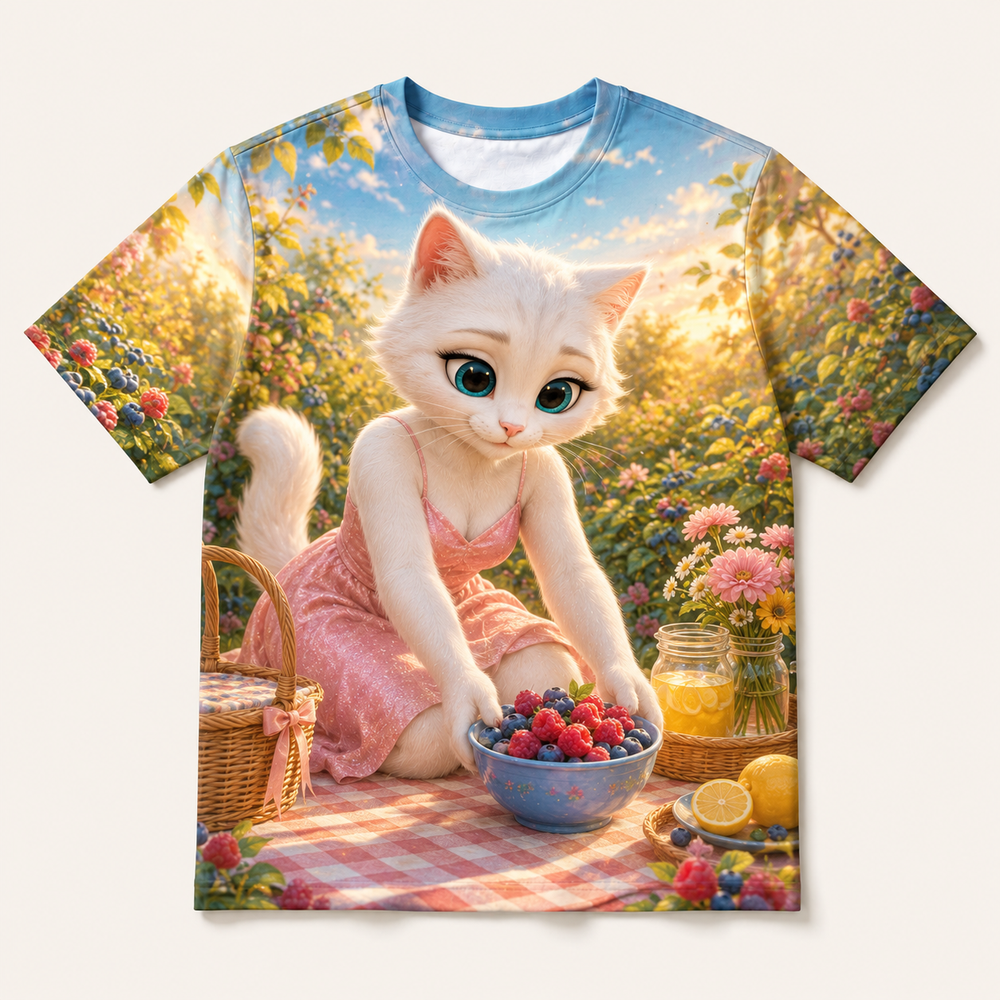 Berry Picnic Morning all-over print T-shirt front view with Mom Cat — The Fluffy Fam