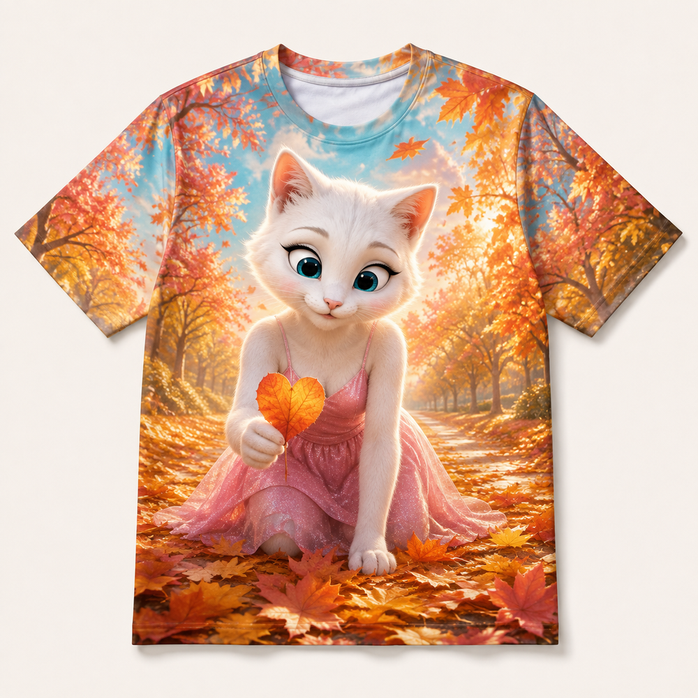 Golden Leaf Treasure all-over print T-shirt front view with Mom Cat — The Fluffy Fam
