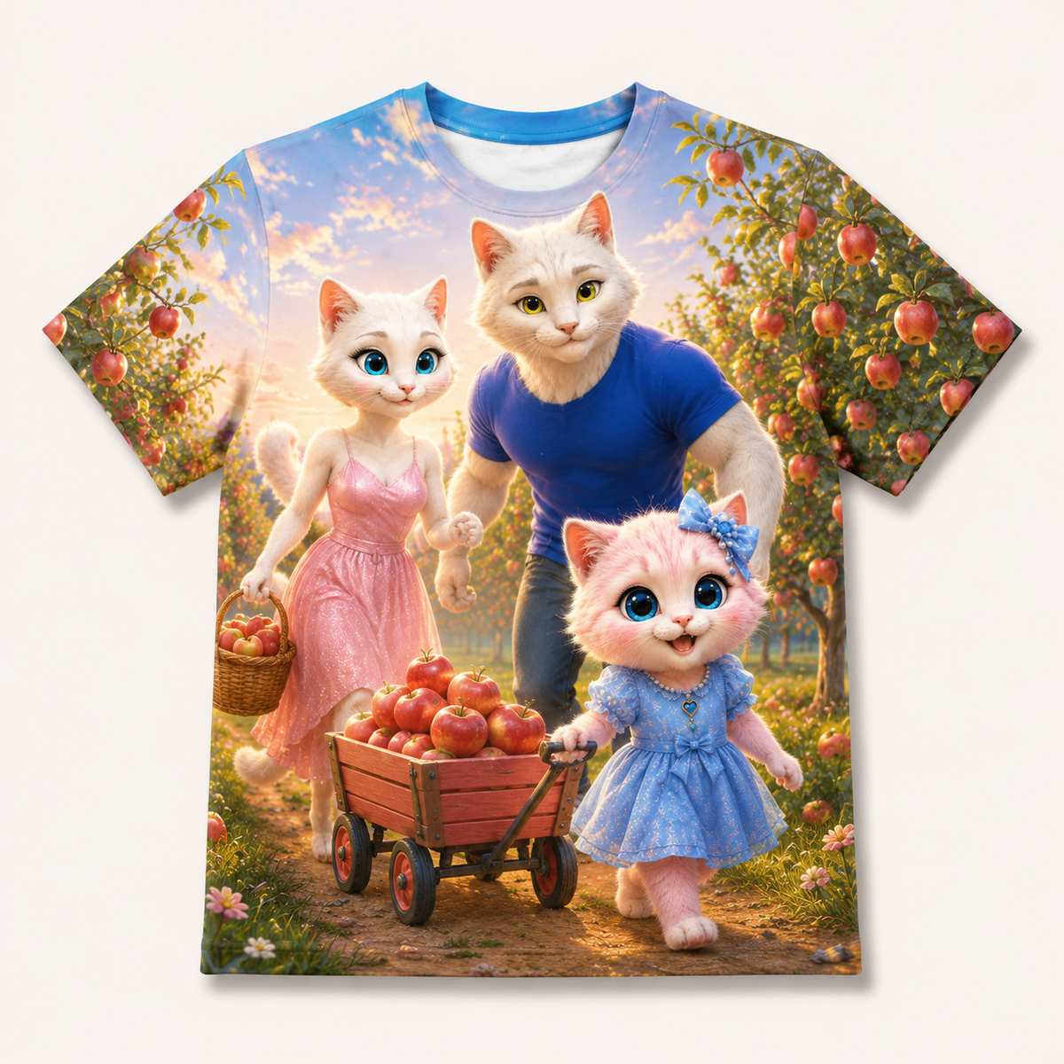 Apple Orchard Wagon all-over print T-shirt front view with the whole cat family — The Fluffy Fam