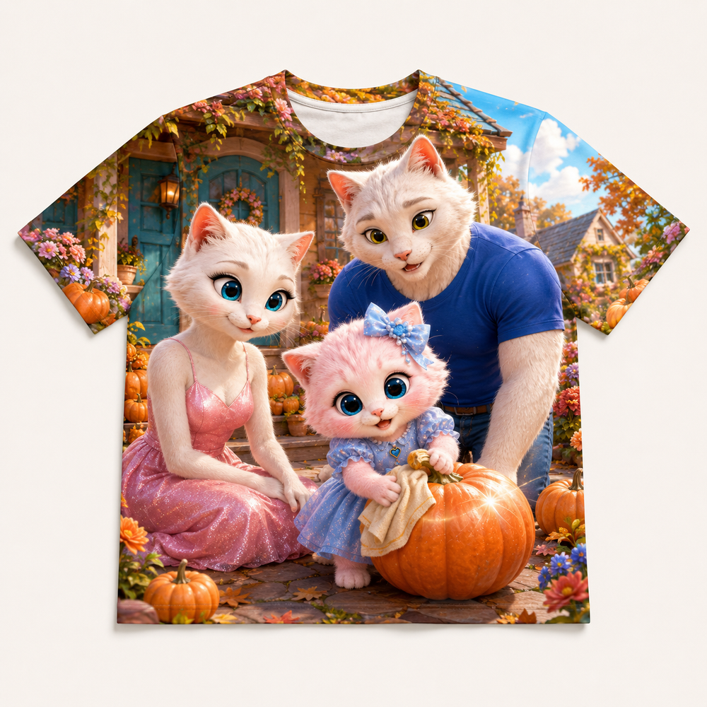 Pumpkin Porch Polish all-over print T-shirt front view with the whole cat family — The Fluffy Fam