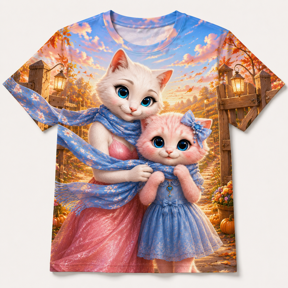 Harvest Scarf Knot all-over print T-shirt front view with Mom Cat and Pink Kitten — The Fluffy Fam