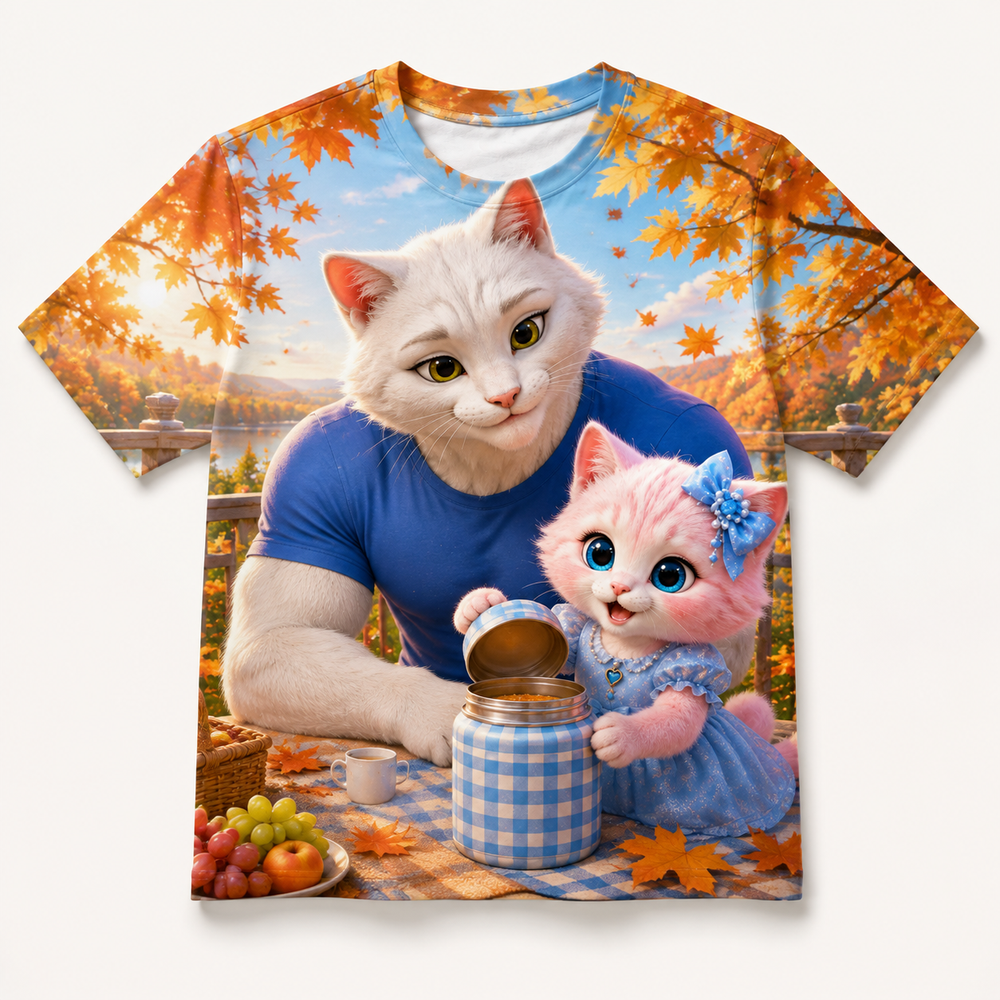 Maple Picnic Thermos all-over print T-shirt front view with Dad Cat and Pink Kitten — The Fluffy Fam