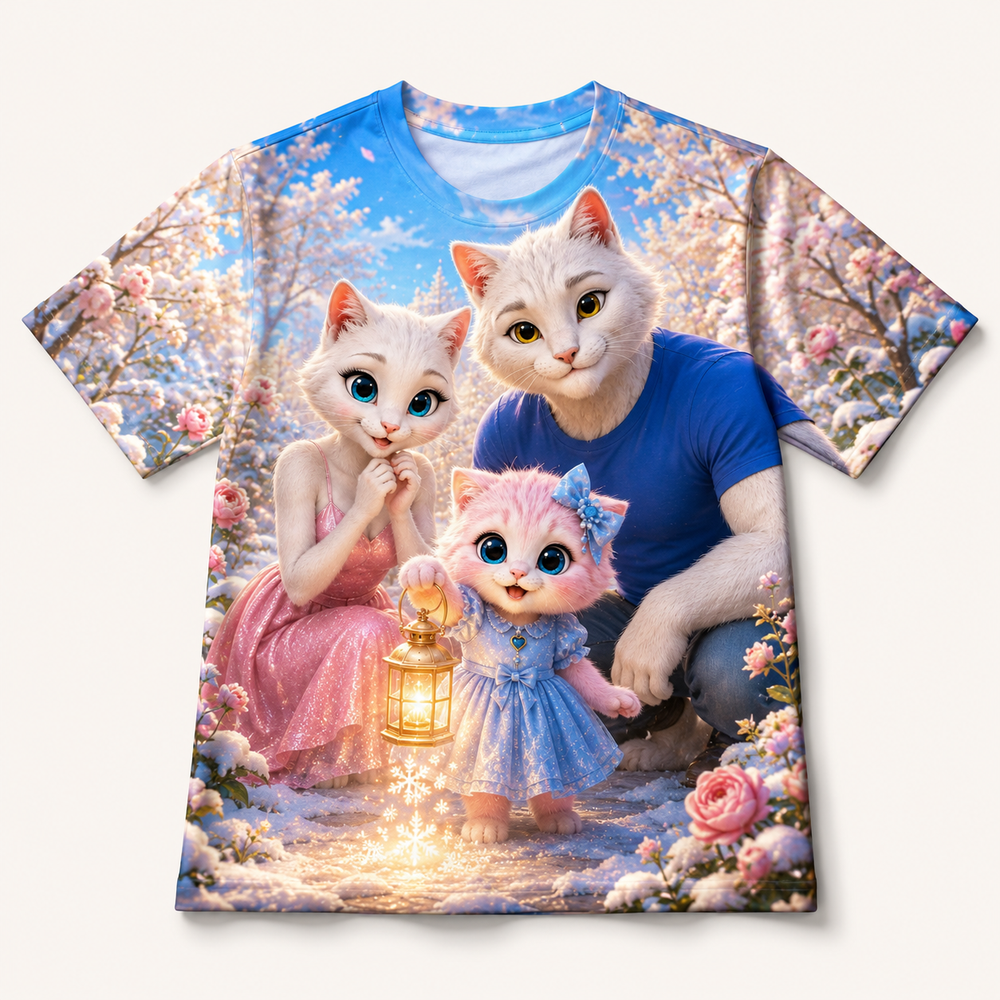 First Snow Lantern all-over print T-shirt front view with the whole cat family — The Fluffy Fam