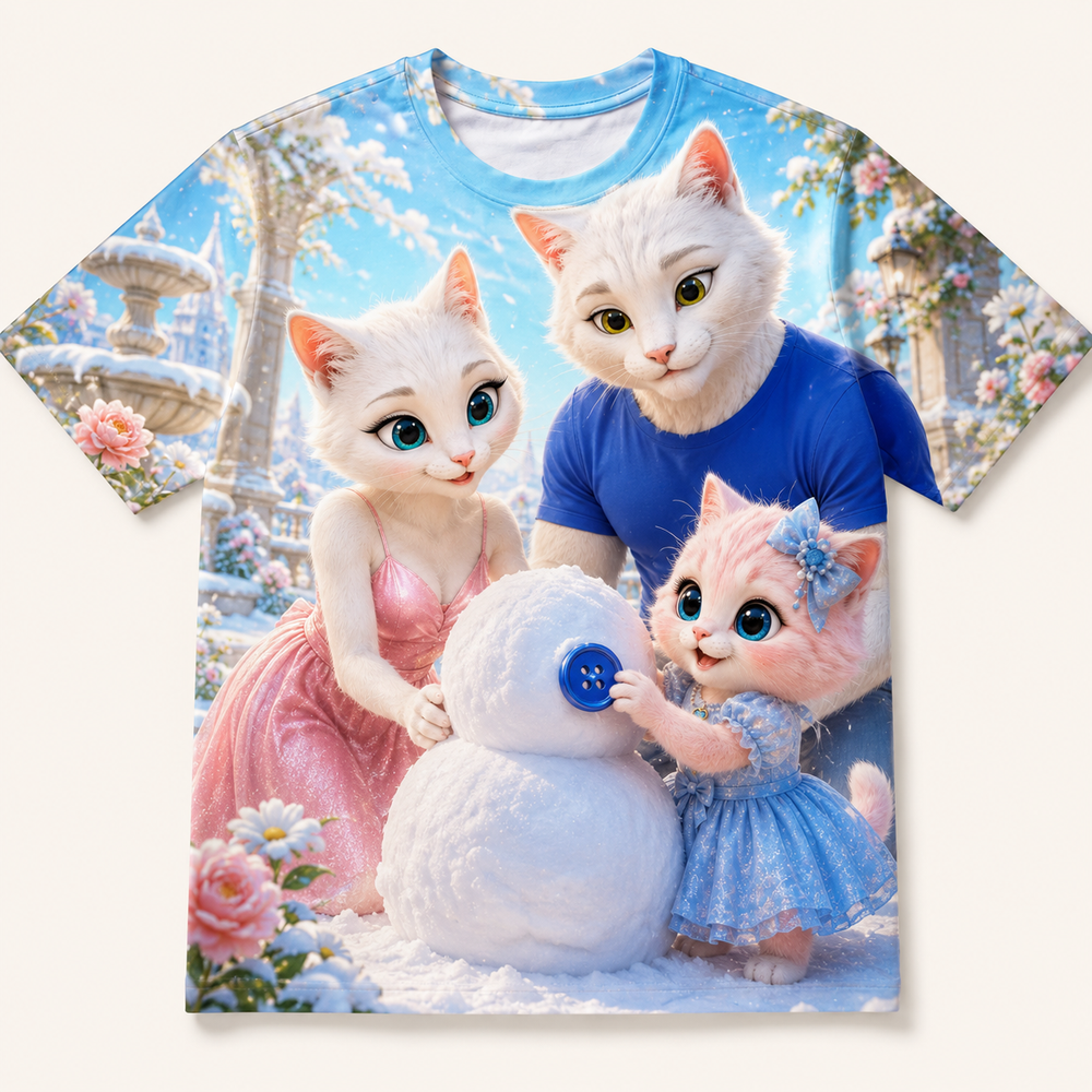 Snowman Button Search all-over print T-shirt front view with the whole cat family — The Fluffy Fam