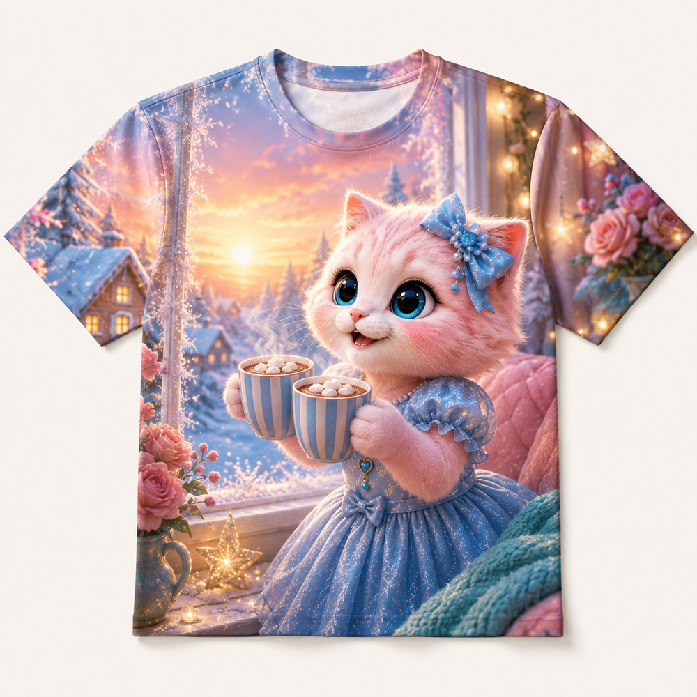 Cocoa Window Toast all-over print T-shirt front view with Pink Kitten — The Fluffy Fam