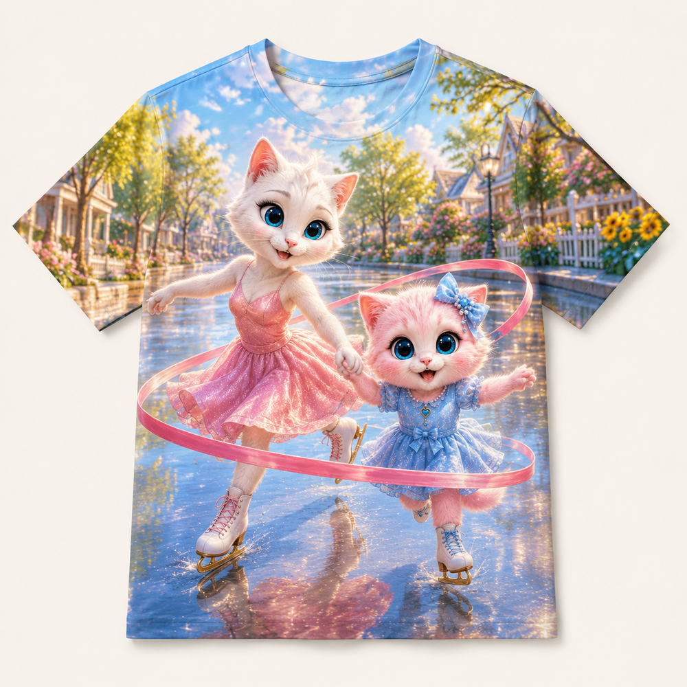 Ice-Rink Ribbon Glide all-over print T-shirt front view with Mom Cat and Pink Kitten — The Fluffy Fam