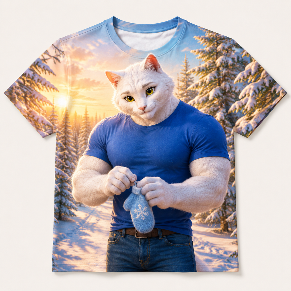 Mitten Sharing Walk all-over print T-shirt front view with Dad Cat — The Fluffy Fam