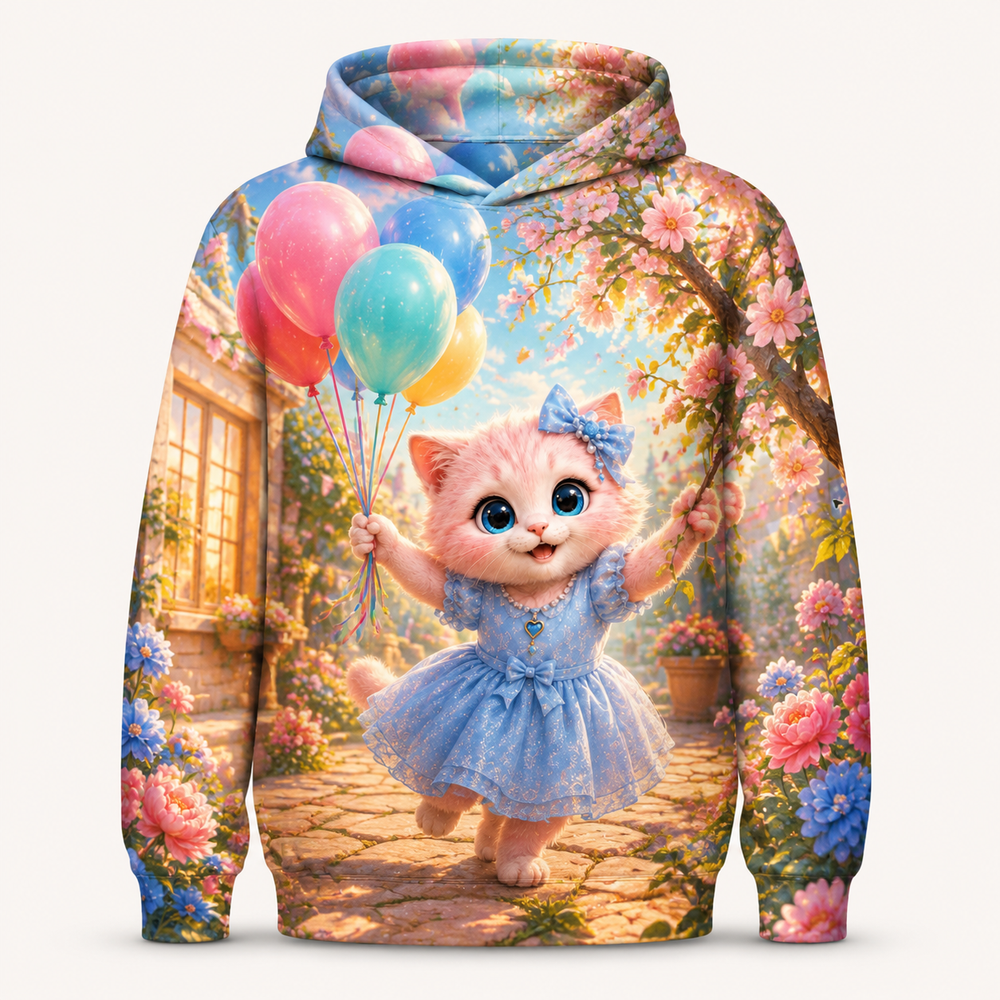 Birthday Balloon Tangle all-over print hoodie front view with Pink Kitten — The Fluffy Fam