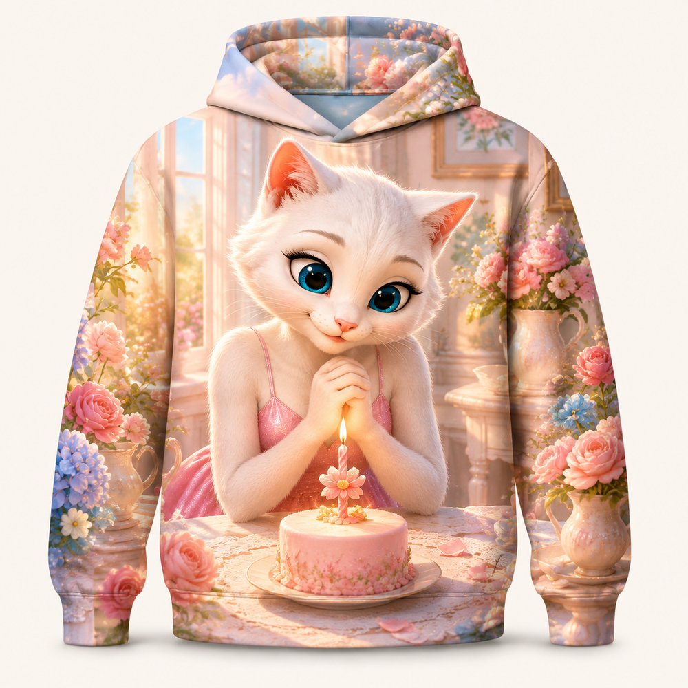 Candle Wish Huddle all-over print hoodie front view with Mom Cat — The Fluffy Fam