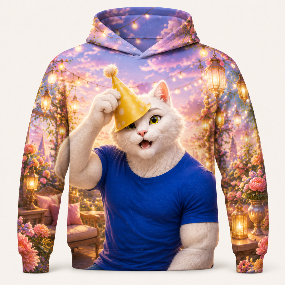 Party Hat Balance all-over print hoodie front view with Dad Cat — The Fluffy Fam