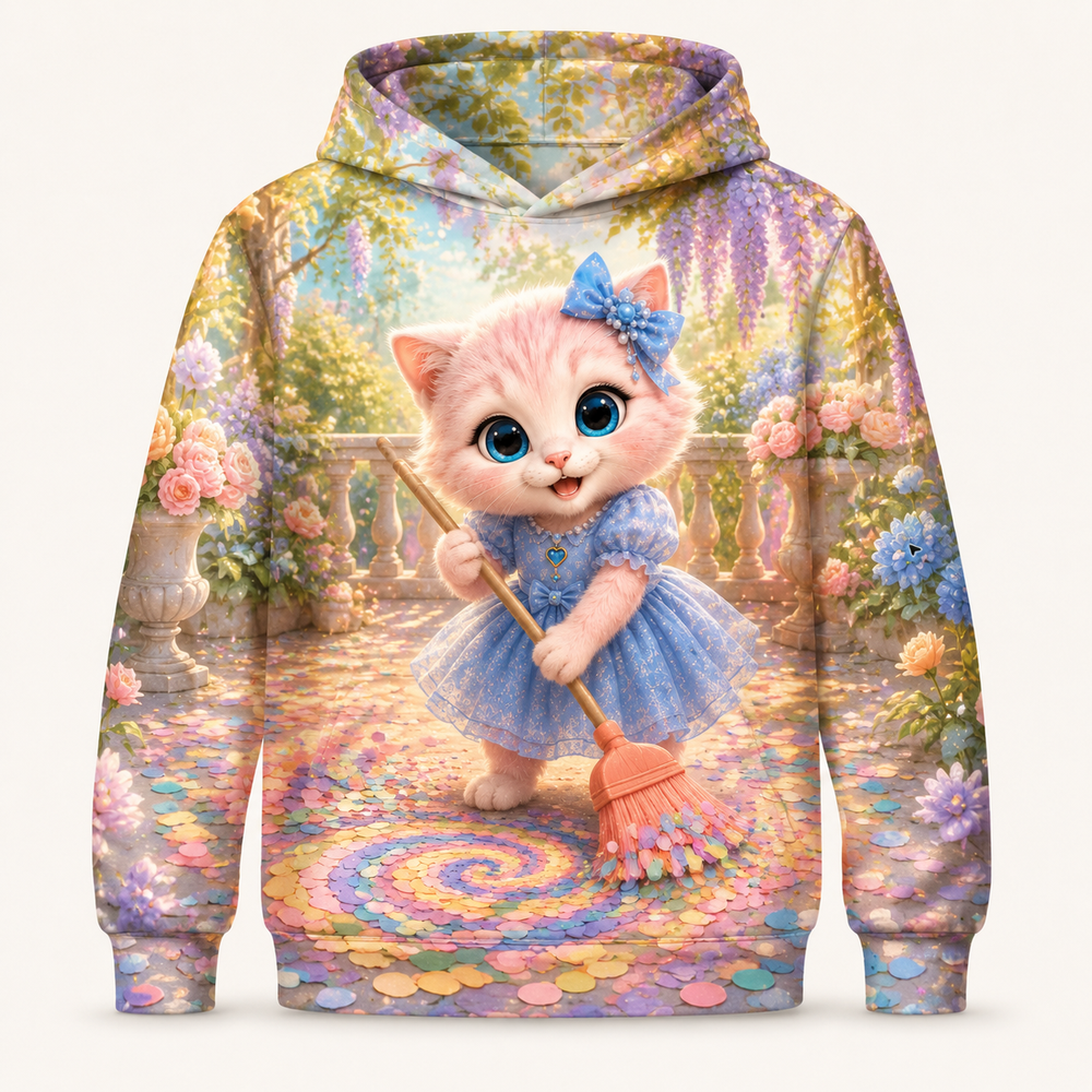 Confetti Sweep Team all-over print hoodie front view with Pink Kitten — The Fluffy Fam