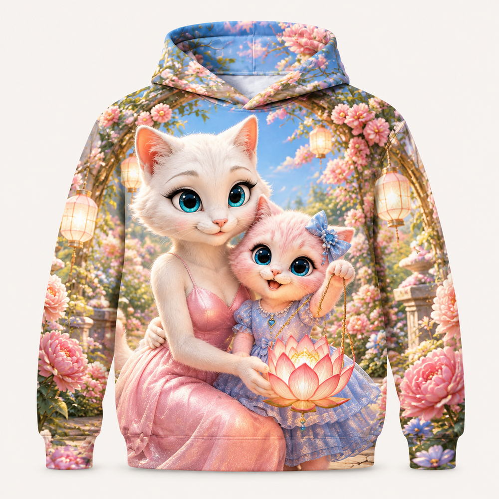 Lantern Festival Bloom all-over print hoodie front view with Mom Cat and Pink Kitten — The Fluffy Fam