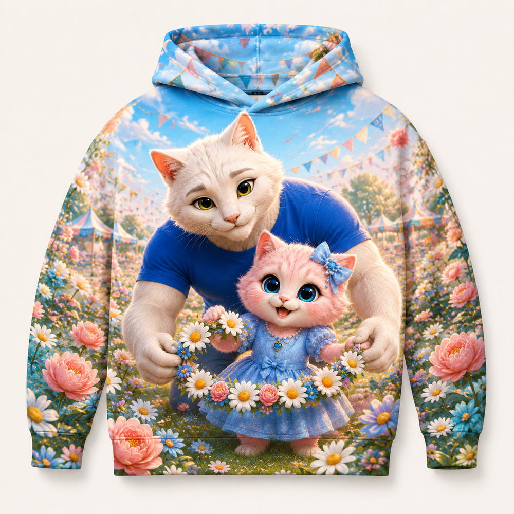 Flower Garland Circle all-over print hoodie front view with Dad Cat and Pink Kitten — The Fluffy Fam
