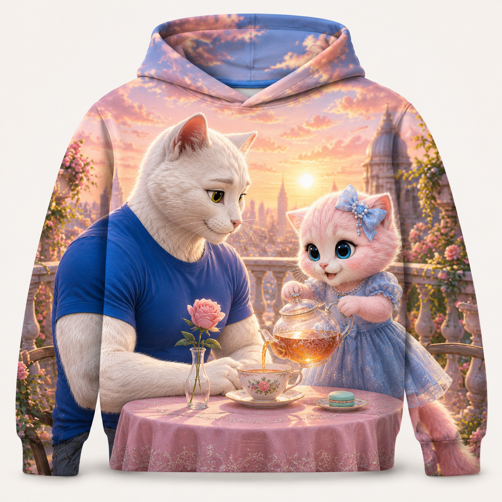 Family Tea Anniversary all-over print hoodie front view with Dad Cat and Pink Kitten — The Fluffy Fam