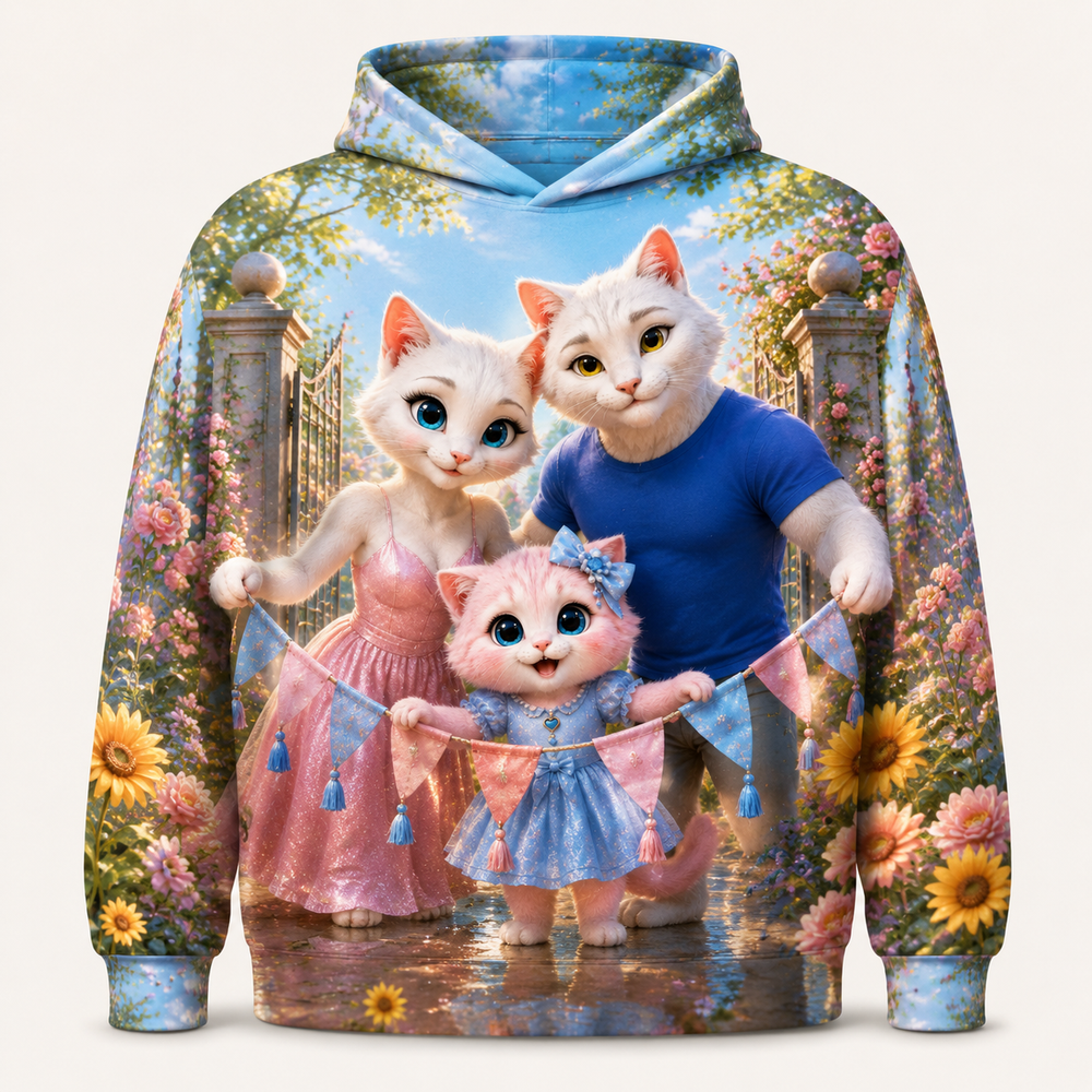 Homecoming Bunting all-over print hoodie front view with the whole cat family — The Fluffy Fam