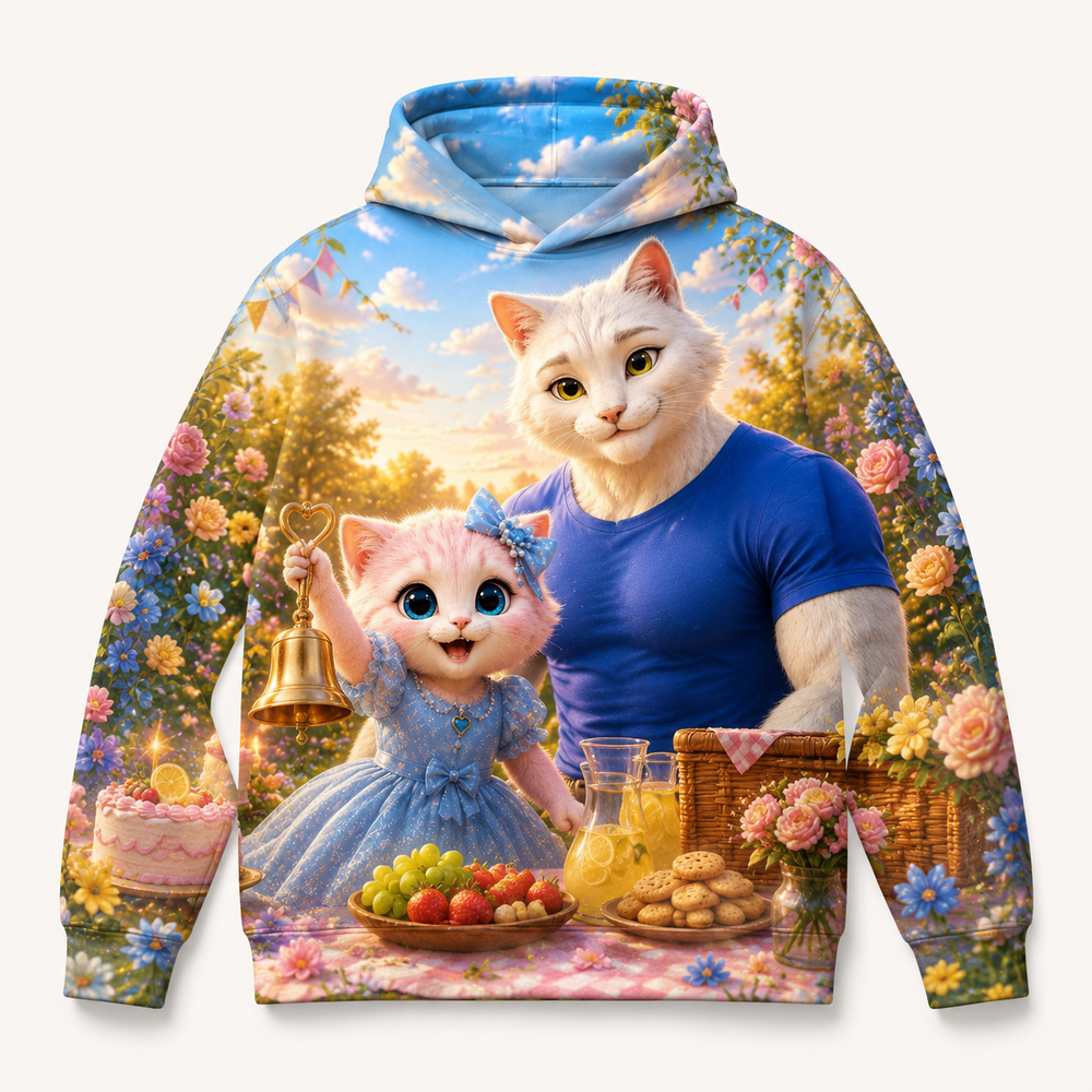 Celebration Picnic Bell all-over print hoodie front view with Dad Cat and Pink Kitten — The Fluffy Fam