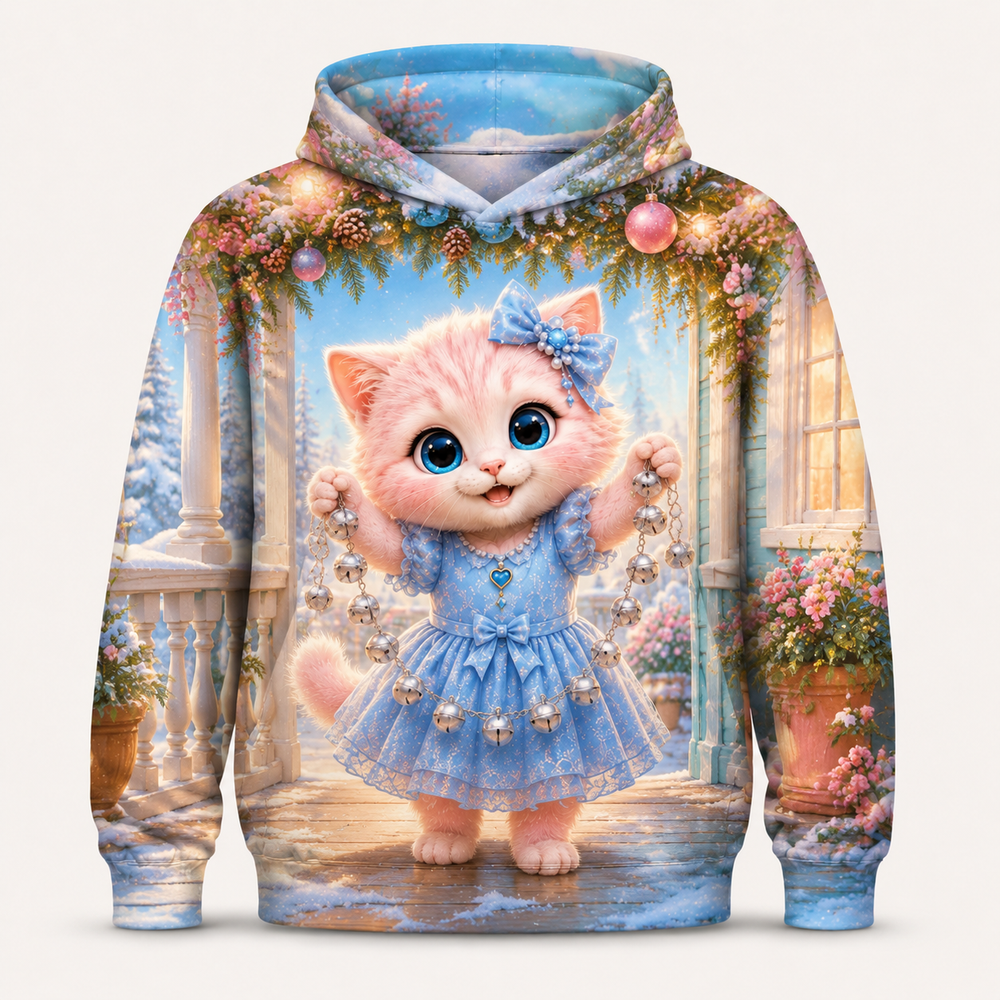New-Year Bell Garland all-over print hoodie front view with Pink Kitten — The Fluffy Fam