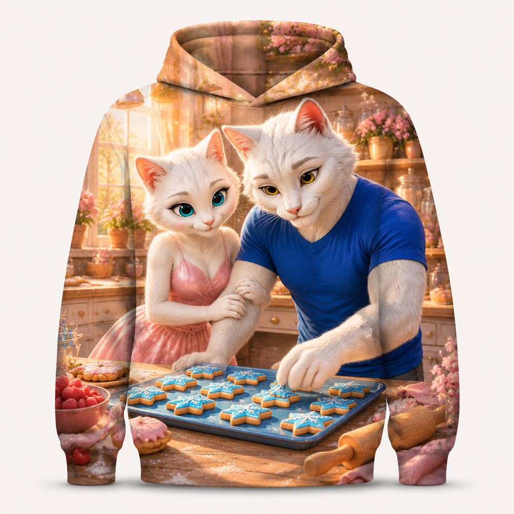 Frosted Cookie Stars all-over print hoodie front view with Dad Cat and Mom Cat — The Fluffy Fam