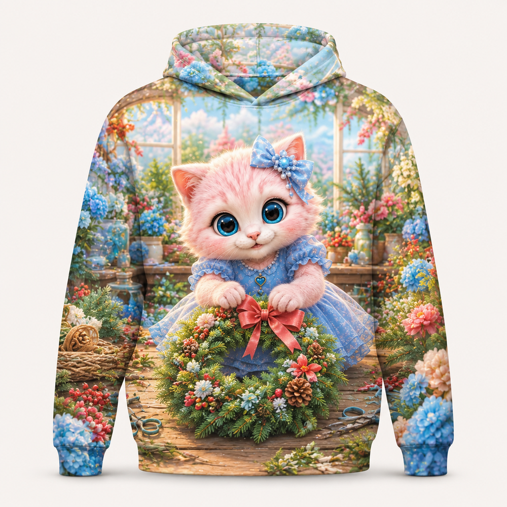 Winter Wreath Workshop all-over print hoodie front view with Pink Kitten — The Fluffy Fam