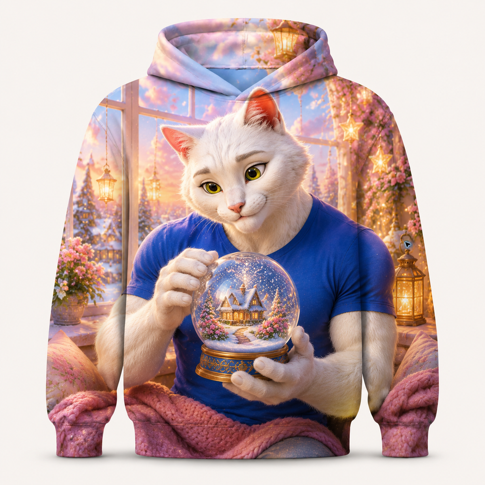 Snow Globe Wonder all-over print hoodie front view with Dad Cat — The Fluffy Fam