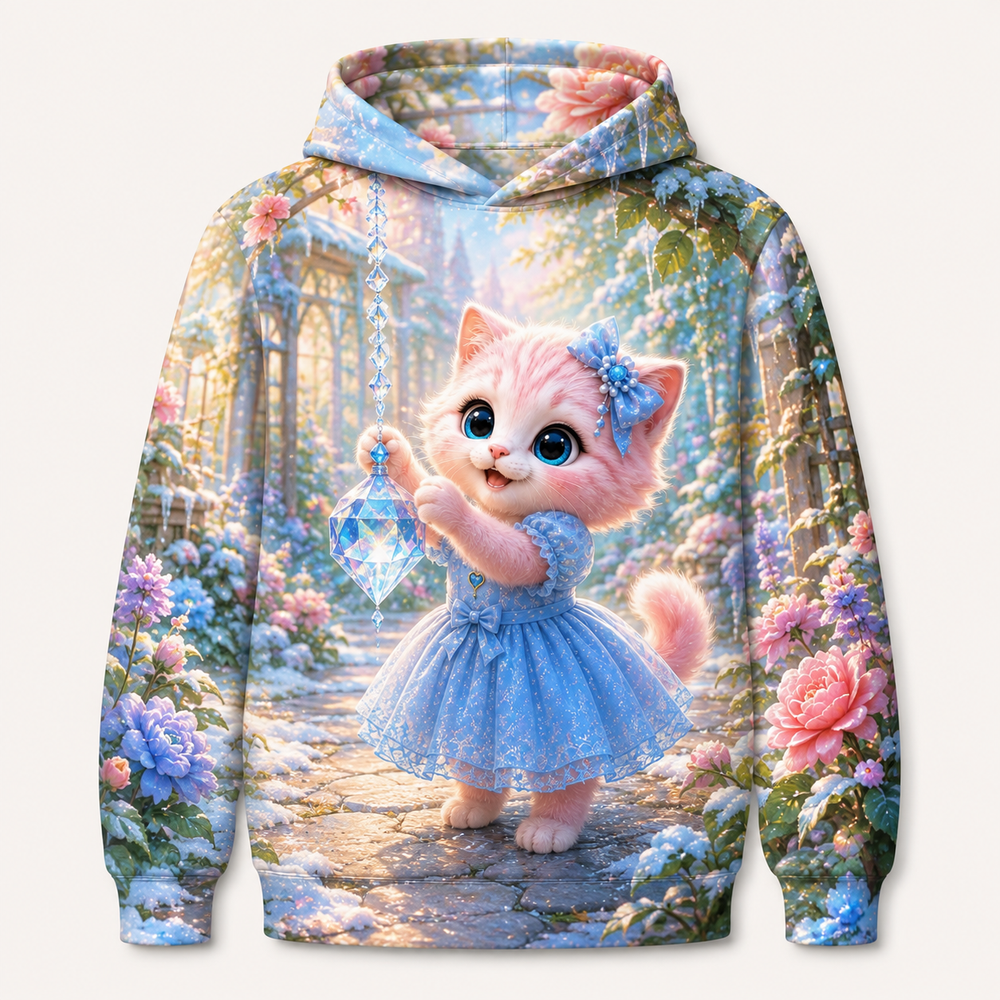 Icicle Sun Catch all-over print hoodie front view with Pink Kitten — The Fluffy Fam