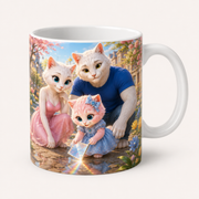 Spring Puddle Rainbow ceramic mug front view with the whole cat family — The Fluffy Fam