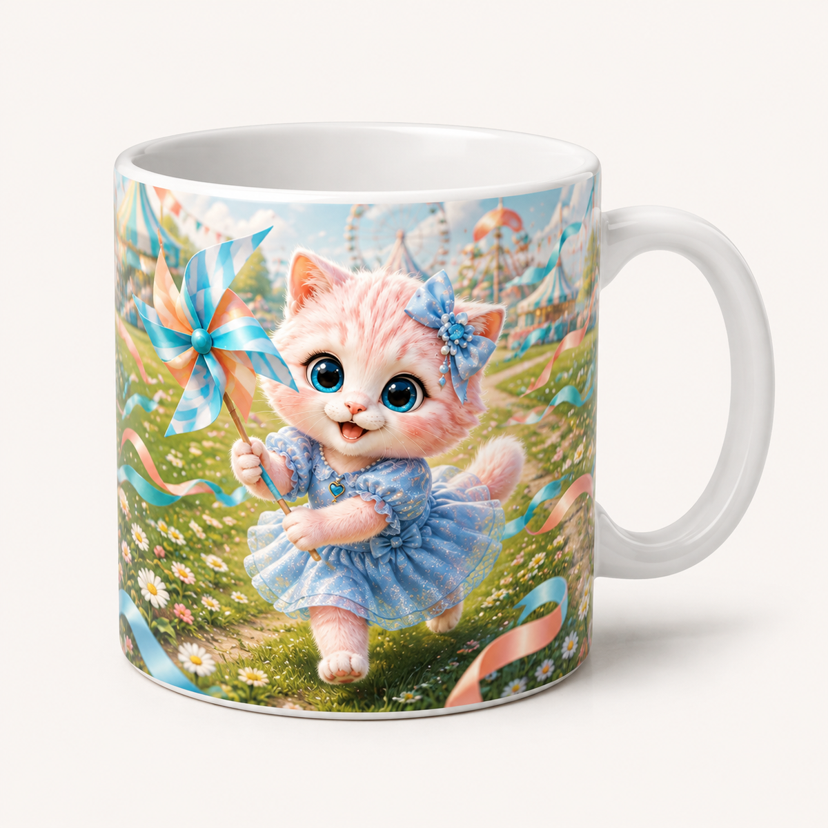 Summer Pinwheel Fair ceramic mug front view with Pink Kitten — The Fluffy Fam