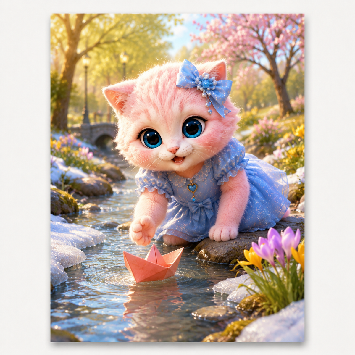 Thawing Stream Boat art print front view with Pink Kitten — The Fluffy Fam