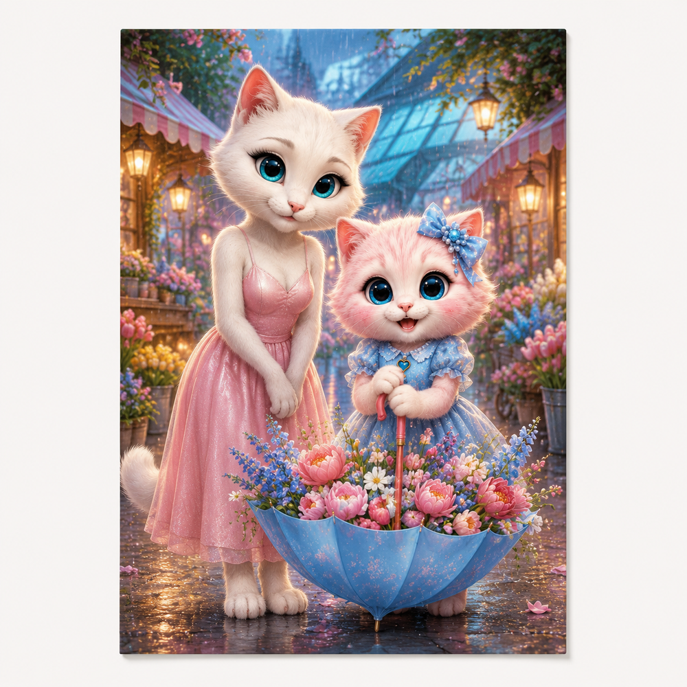 Umbrella Bouquet Day art print front view with Mom Cat and Pink Kitten — The Fluffy Fam