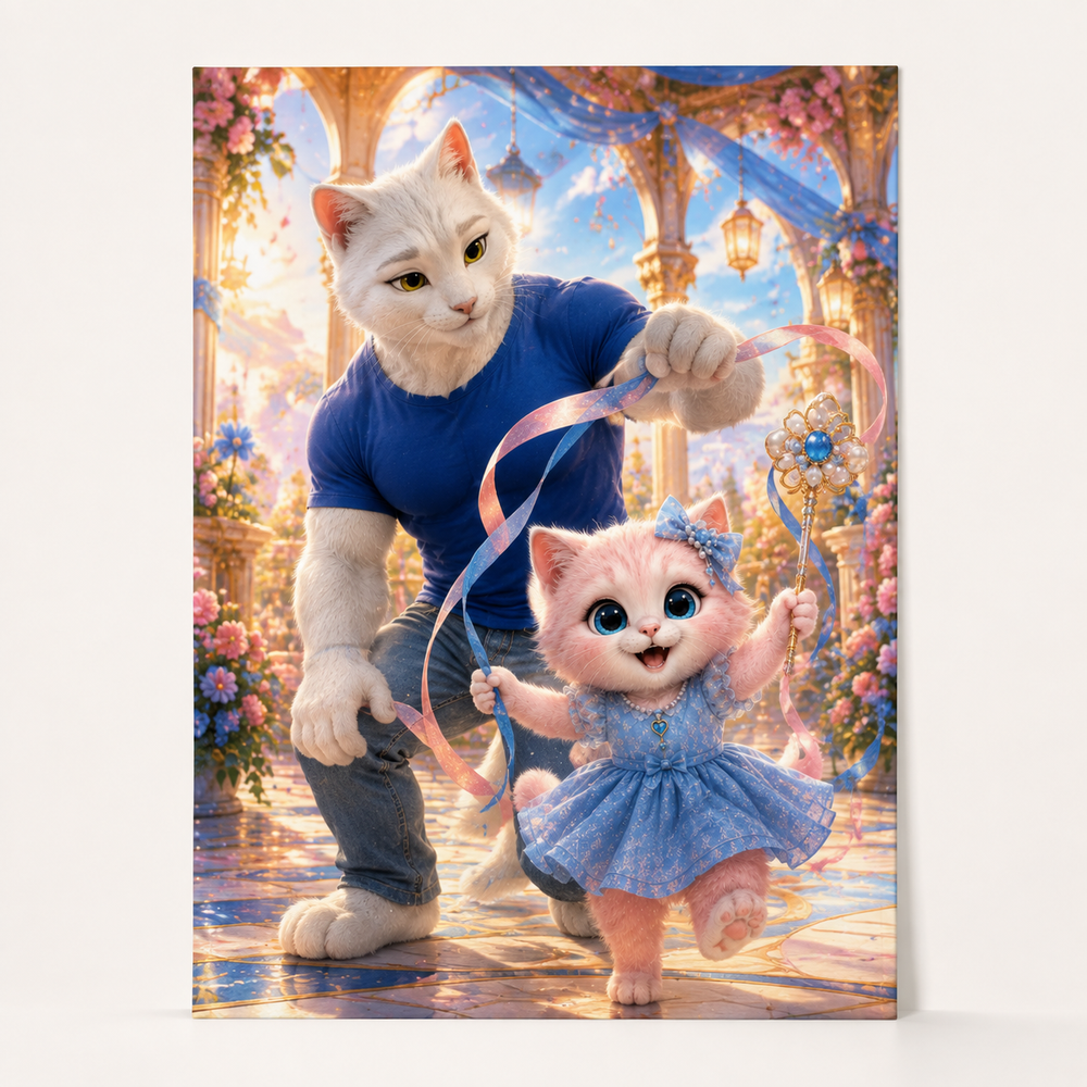 Ribbon Dance Rehearsal art print front view with Dad Cat and Pink Kitten — The Fluffy Fam