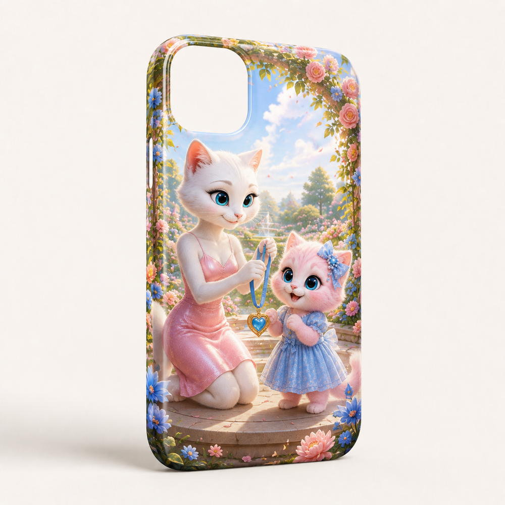 Garden Medal Ceremony phone case front view with Mom Cat and Pink Kitten — The Fluffy Fam
