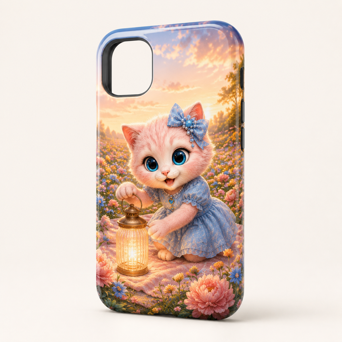 Picnic Lantern Lighting phone case front view with Pink Kitten — The Fluffy Fam