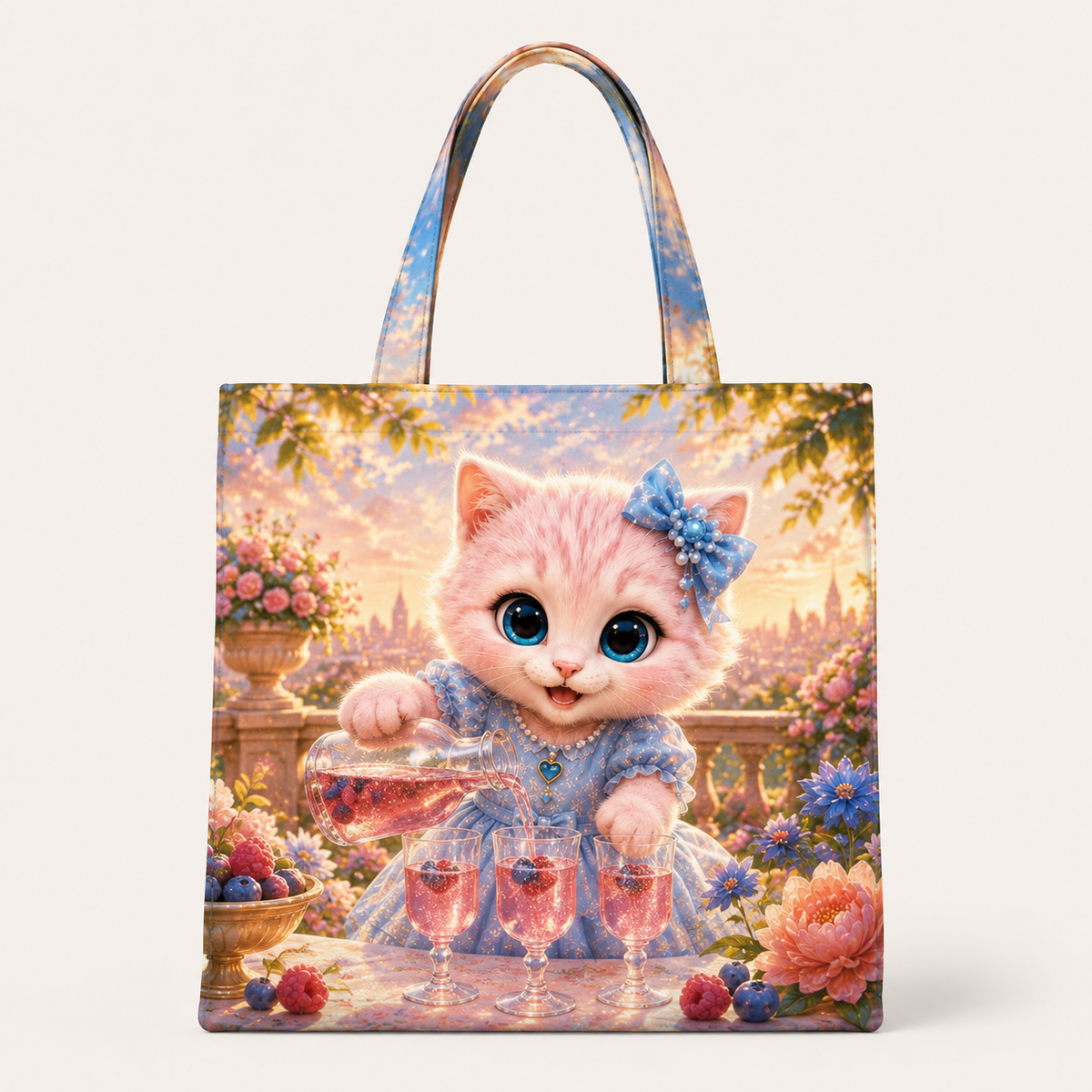 Sunset Sparkling Toast canvas tote bag front view with Pink Kitten — The Fluffy Fam