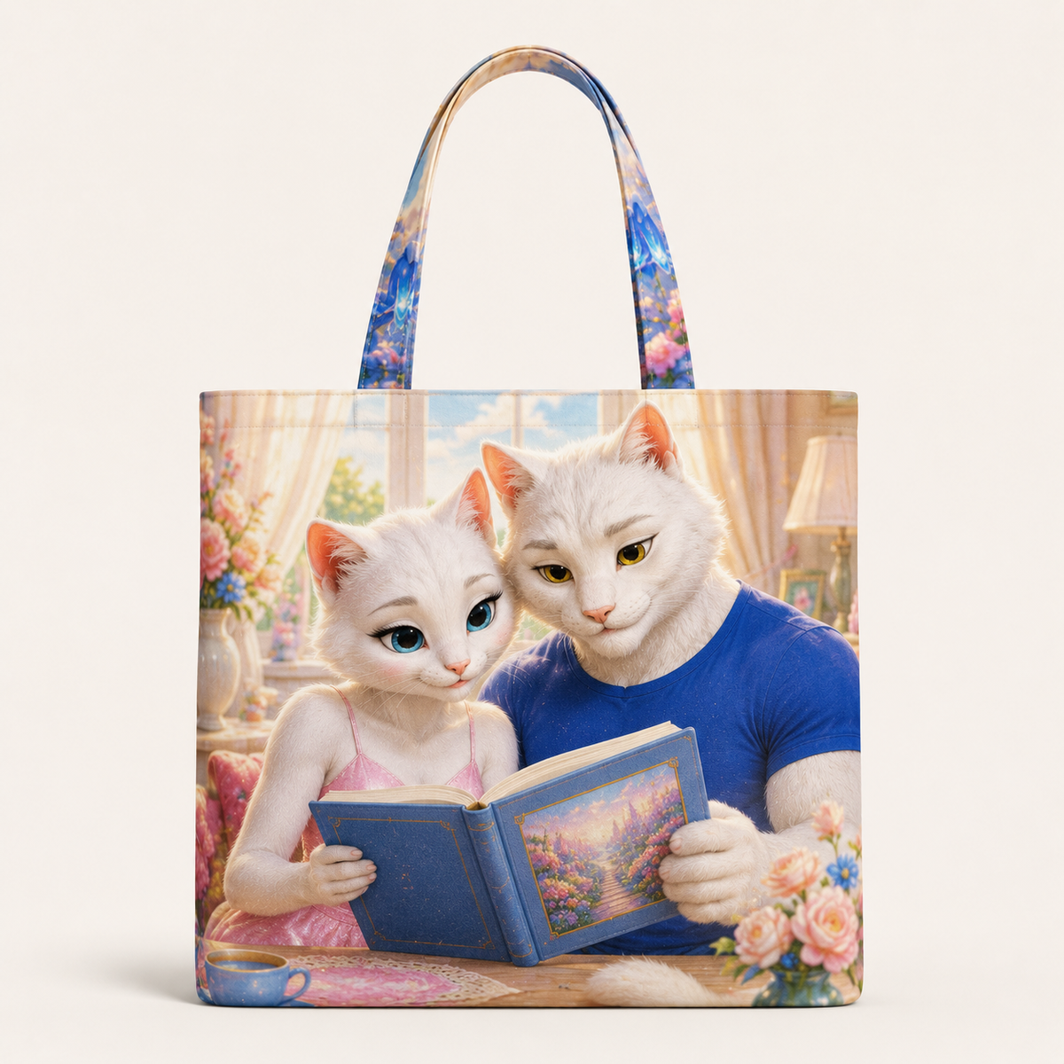 Memory Album Evening canvas tote bag front view with Dad Cat and Mom Cat — The Fluffy Fam