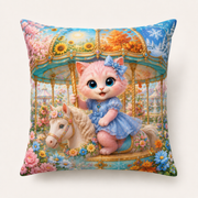 Four-Season Carousel throw pillow front view with Pink Kitten — The Fluffy Fam