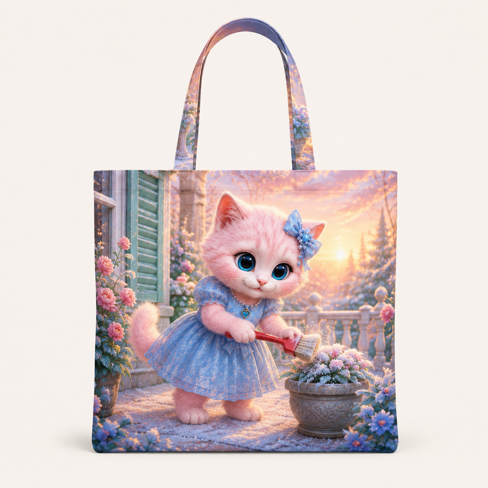 First-Frost Porch canvas tote bag front view with Pink Kitten — The Fluffy Fam