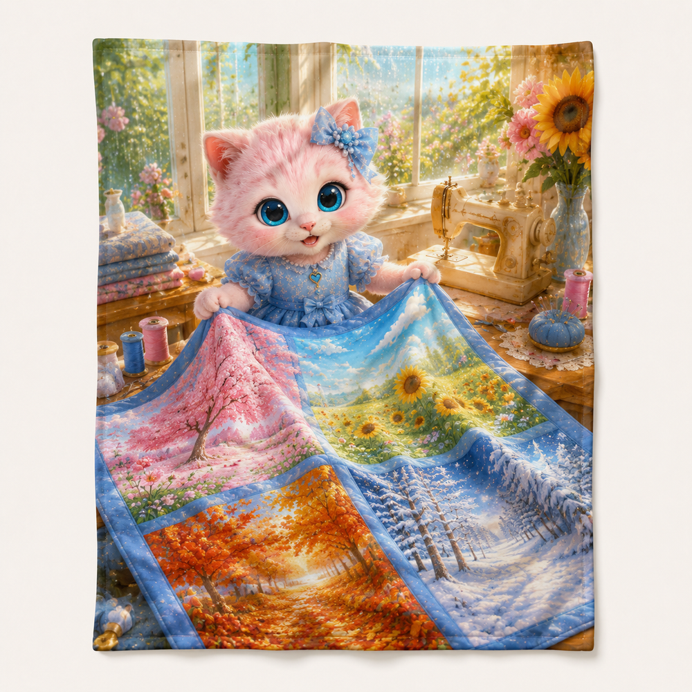 Blossom-to-Snow Quilt fleece blanket front view with Pink Kitten — The Fluffy Fam